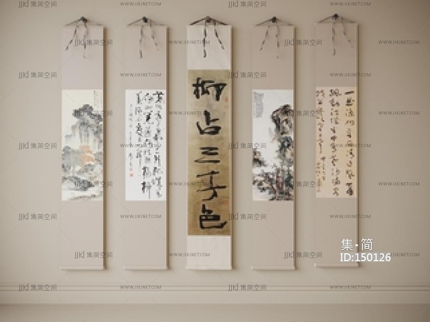 新中式中式挂画_字画_山水画_挂画组合SU模型