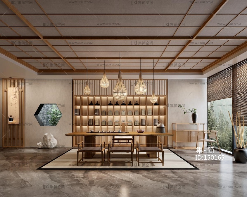 新中式茶室 茶桌  ，藤编编织吊灯，竹竿