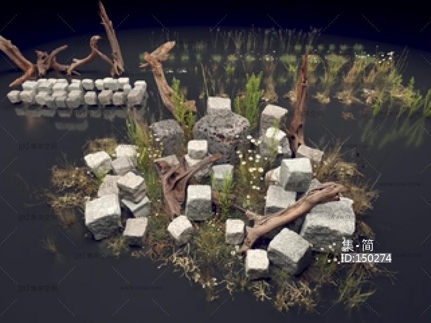 09现代美陈_现代戈壁荒野岩石_荒草枯木SU模型