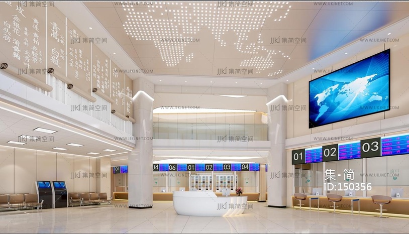 01现代新中式医院 正骨医院大厅 走廊 挂号区 医院前台 等候区 中医 西医药房