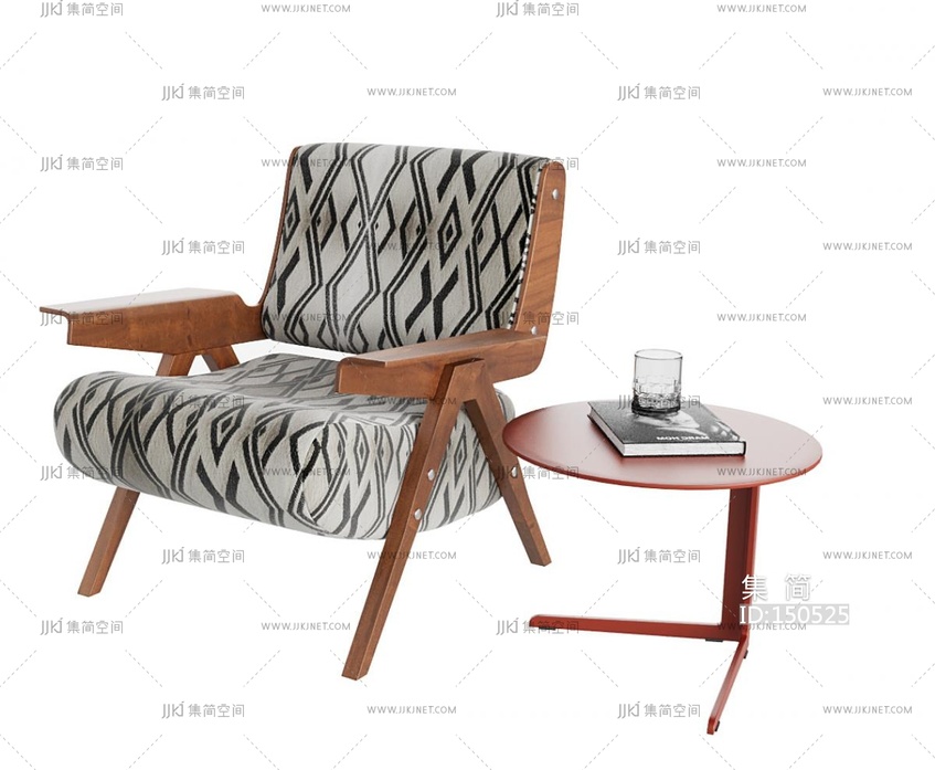 01-现代法式单人沙发_休闲椅_单椅_扶手椅圆形边几书本书籍玻璃水杯3D模型