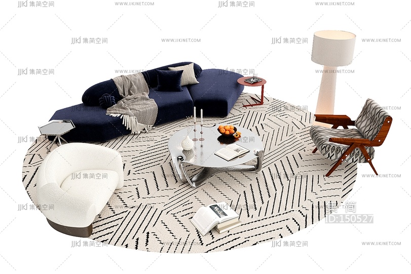 03-奶油中古沙发组合_沙发茶几组合_异形沙发_金属茶几_单人休闲椅_模块沙发3D模型