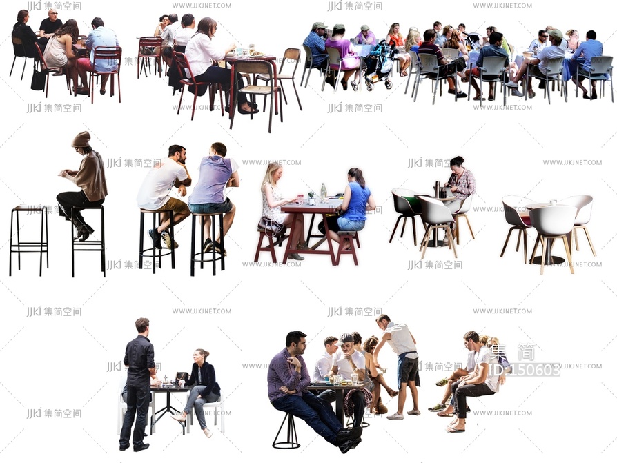 08-户外餐桌吃饭聊天人物，坐着的人物，坐姿人物贴图下载