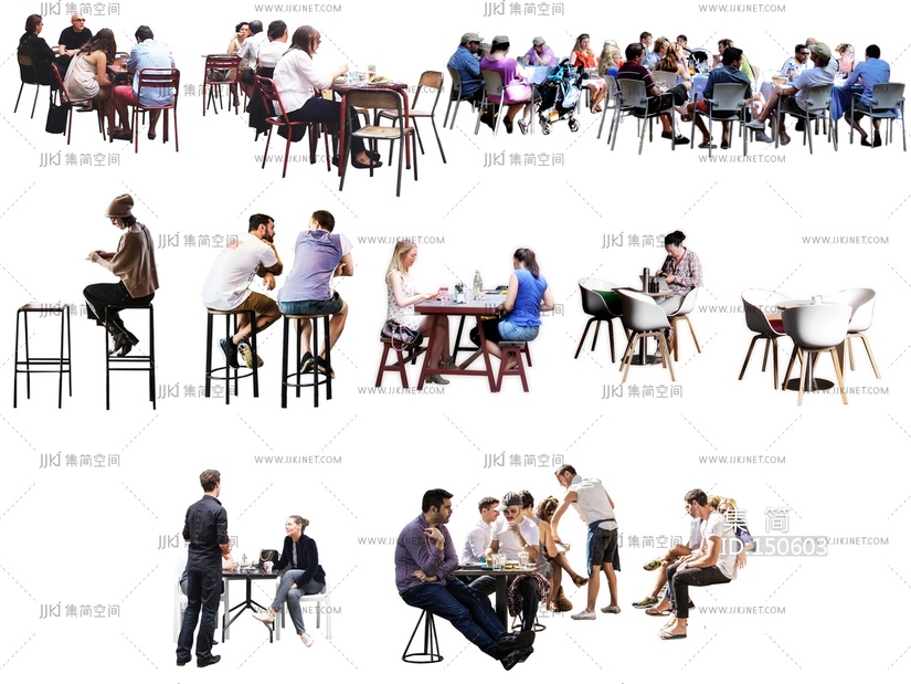 08-户外餐桌吃饭聊天人物，坐着的人物，坐姿人物贴图下载