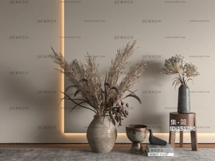 侘寂花瓶_侘寂花瓶干花摆件_芦苇插花SU模型