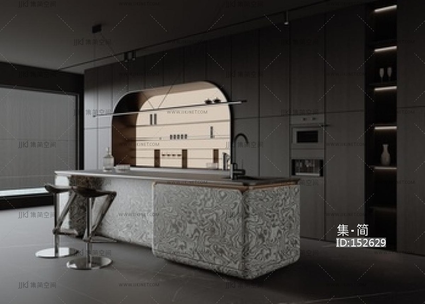 意式开放式厨房_餐厅厨房_岛台厨房_吧台SU模型