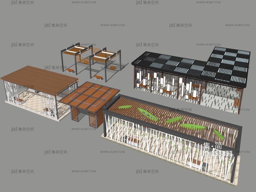 现代风格廊架花架连廊凉亭 su草图模型