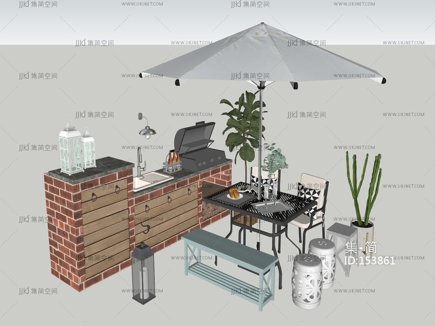现代花园遮阳伞休闲桌椅 su草图模型