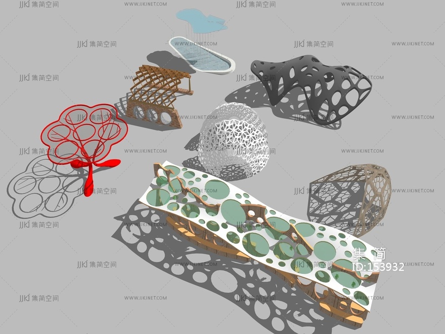 21现代廊架构筑物花架 su草图模型