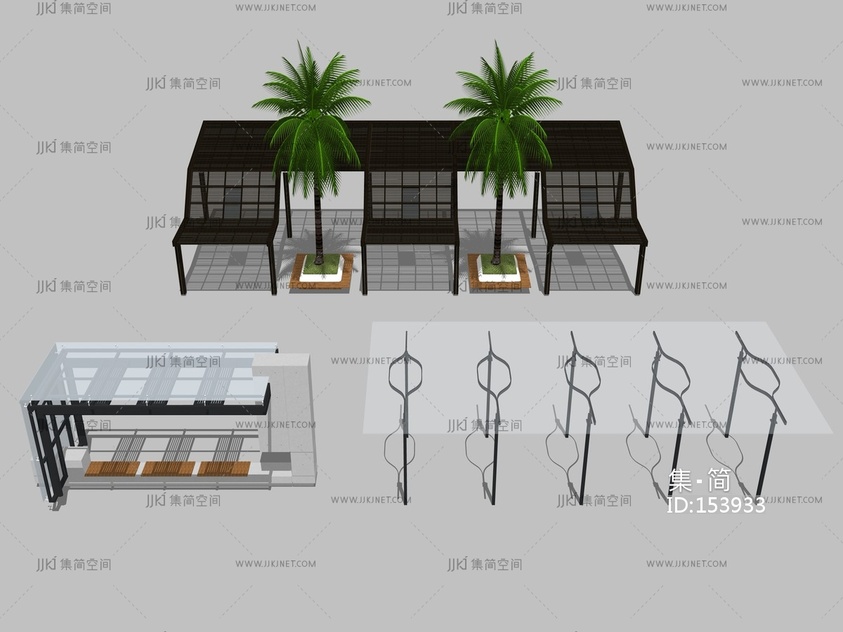 现代廊架构筑物花架 su草图模型