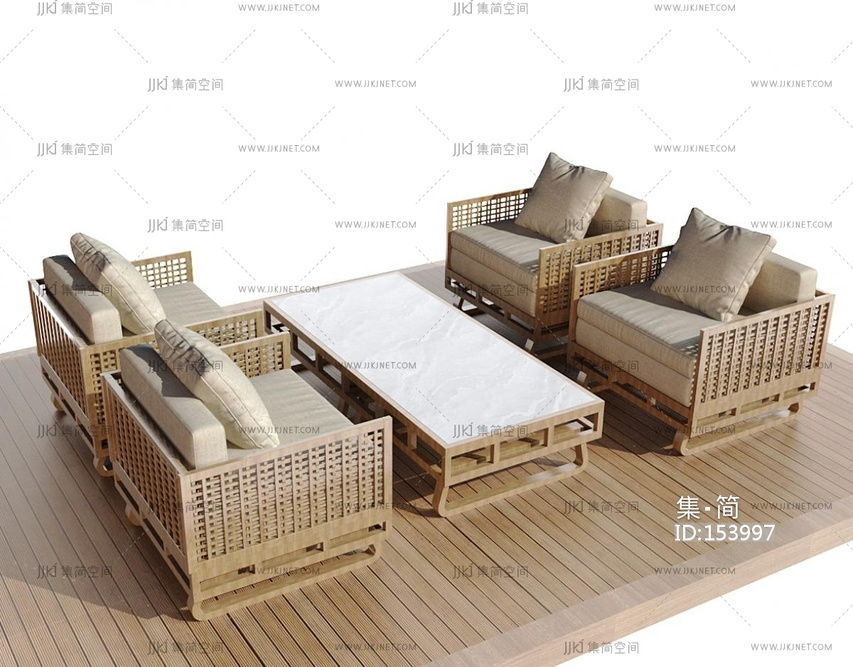 新中式户外沙发_实木沙发_户外沙发_沙发茶几组合_户外多人沙发_双人沙发su模型