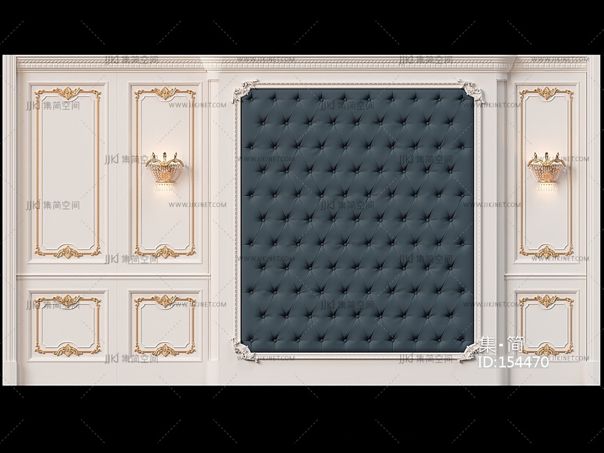 法式古典雕花护墙板墙面水晶壁灯欧式皮革软包墙面3d模型