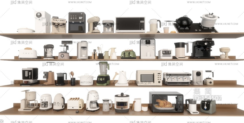 家用电器组合_厨房电器_烤箱_微波炉_咖啡机_饮水机SU模型
