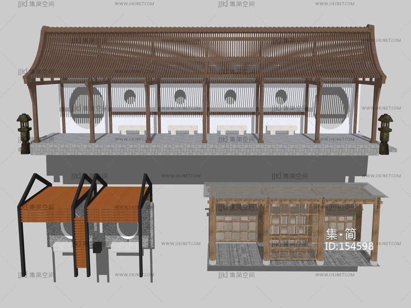 中式廊架凉亭连廊 su草图模型
