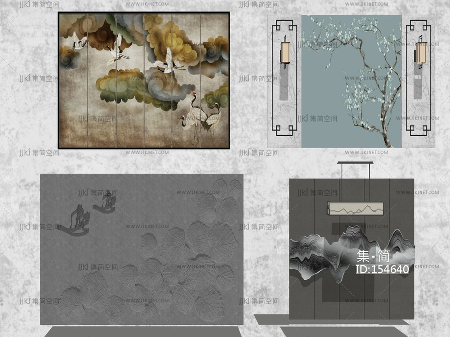 新中式硬包背景墙围墙 su草图模型