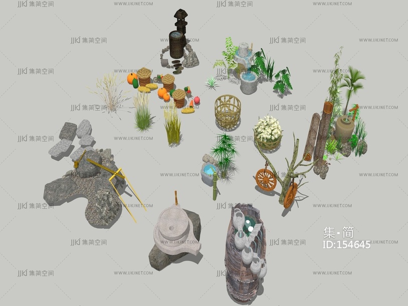 中式庭院小品植物水景 su草图模型