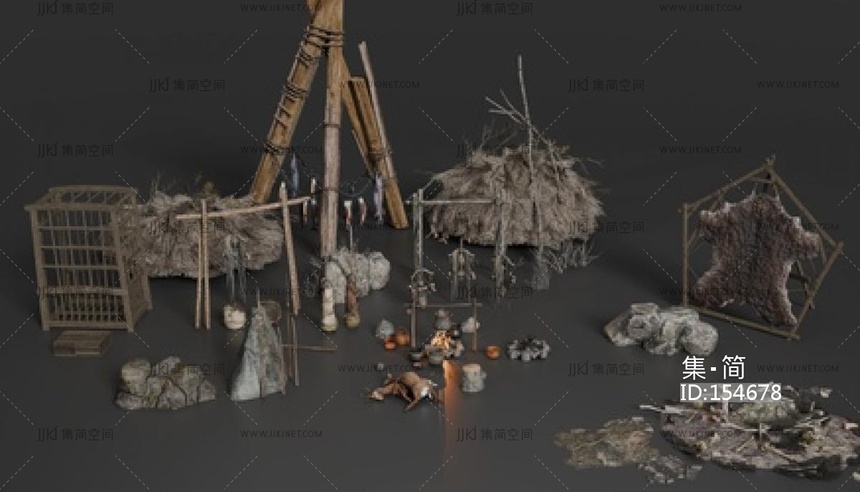 复古影视_篝火_部落据点_原始部落SU模型