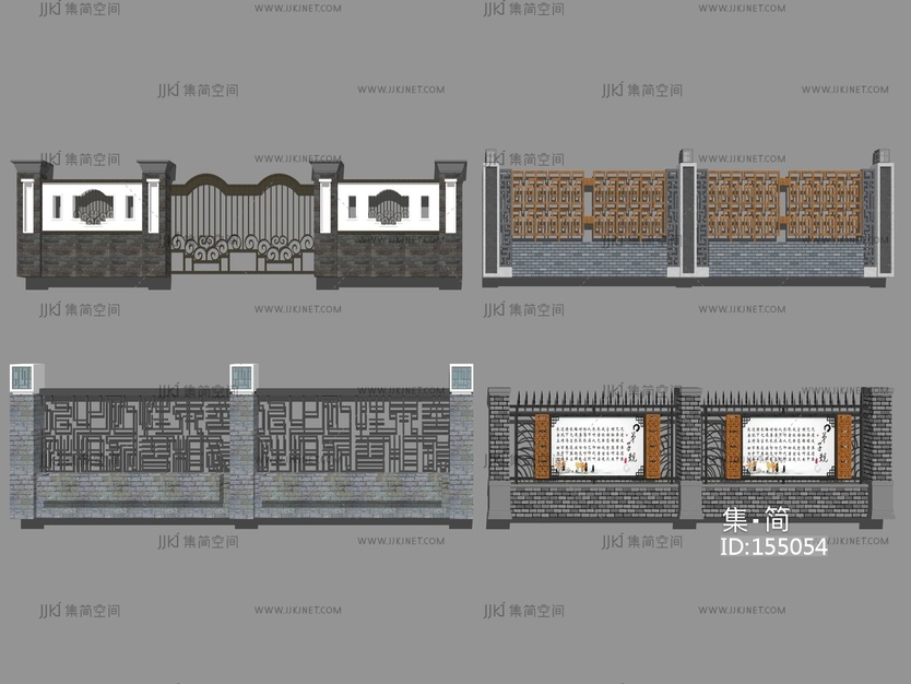 新中式风格景墙围墙 su草图模型