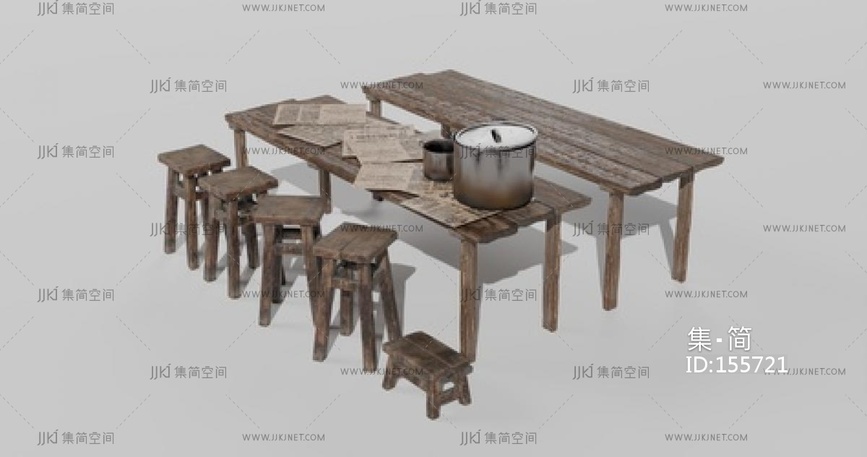 中式复古休闲桌椅_长条桌_高脚凳_小板凳_木制桌凳SU模型