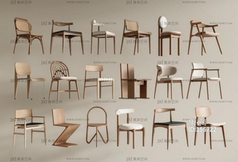 北欧原木餐椅_单椅_书椅SU模型