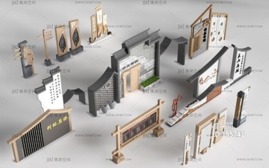 现代广告牌_新中式乡村导视牌SU模型