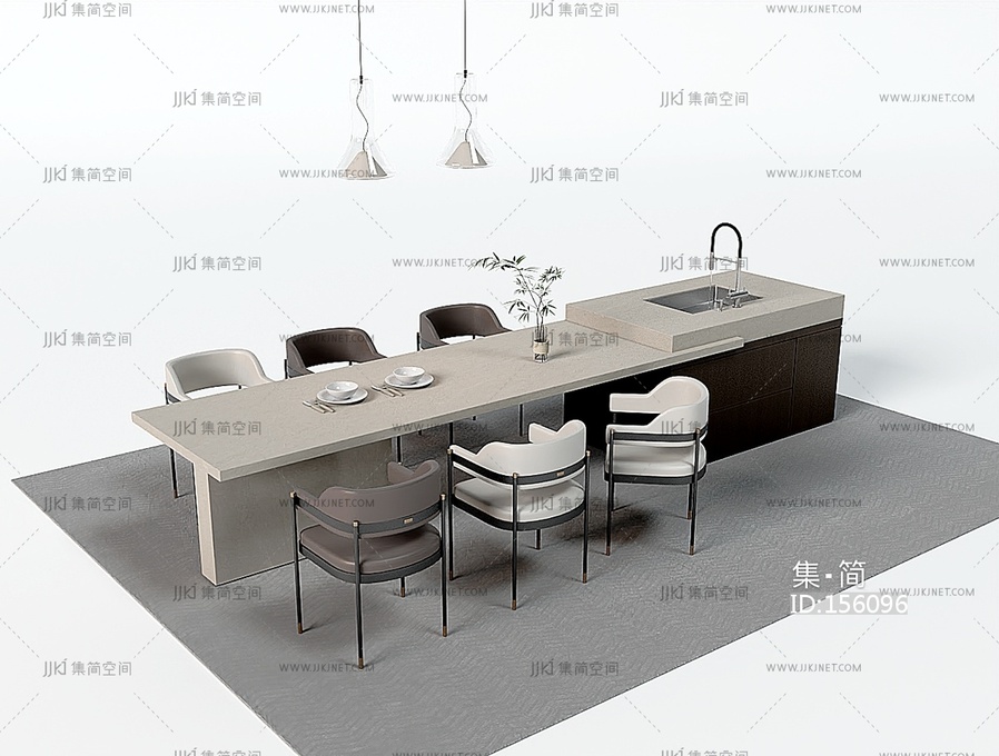 现代岛台餐桌椅组合3D模型