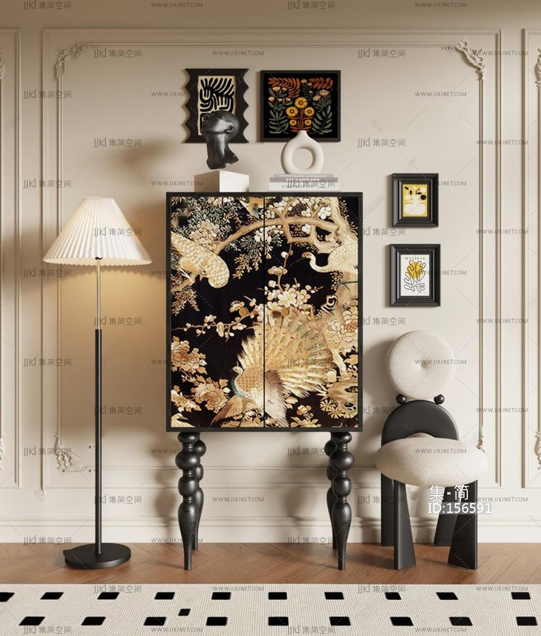 法式橱柜法式中古风装饰柜挂画，落地灯3D模型