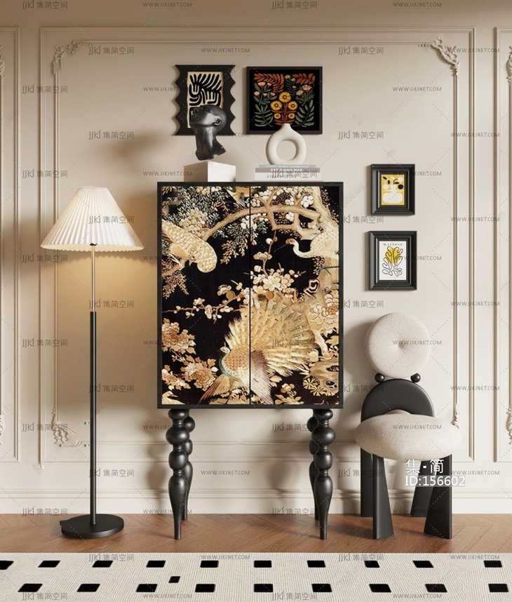 法式橱柜法式中古风装饰柜挂画，落地灯SU模型