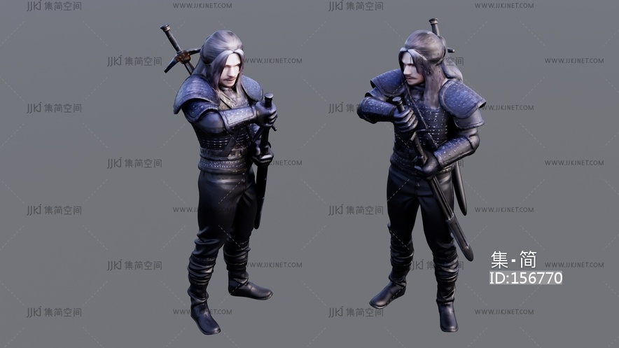 长发留胡子身穿战甲的武士 su草图模型