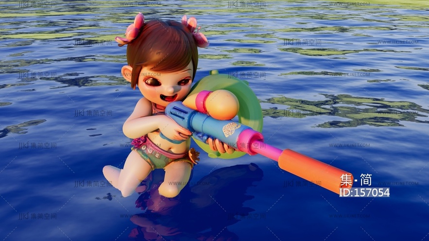 手持加长水枪的小女孩