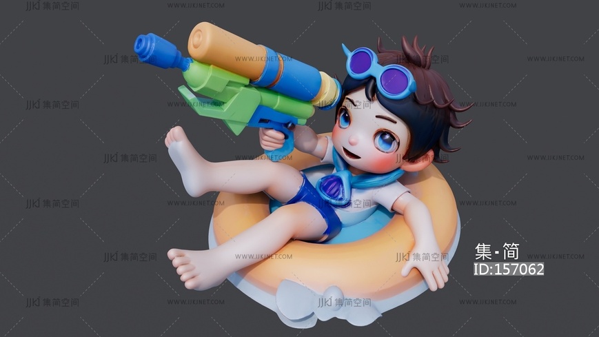 戴泳镜坐在游泳圈上玩挤水枪的小男孩