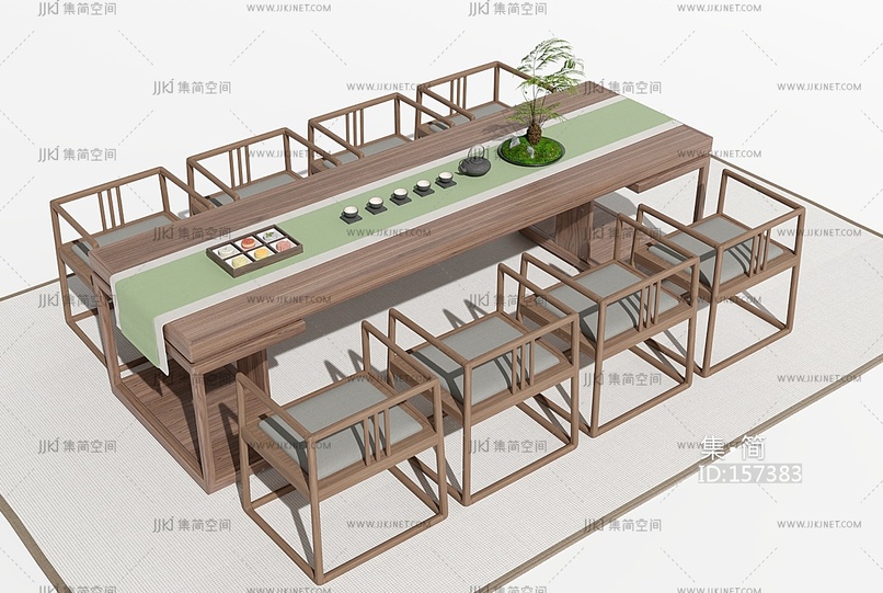 新中式会议桌新中式茶桌苔藓茶壶点心盒3D模型(2021)