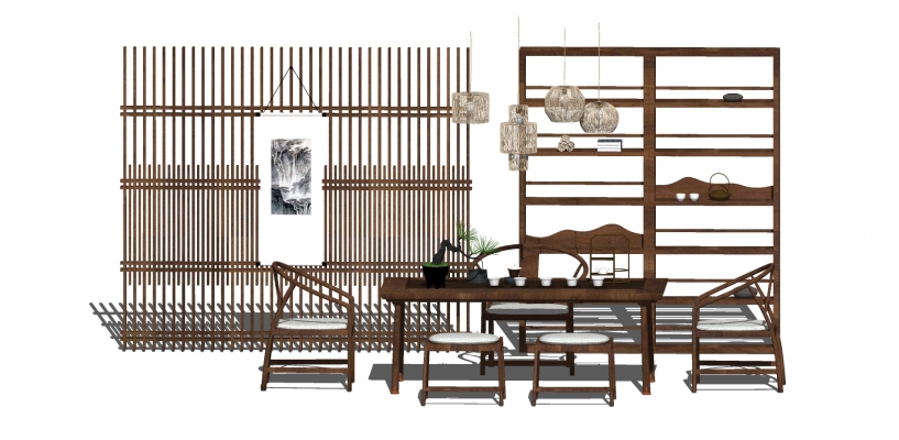 103新中式实木茶桌组合，茶台，实木单椅，屏风隔断，茶柜茶具