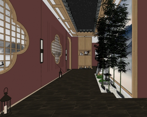 新中式轻奢酒店会所，茶楼，走廊