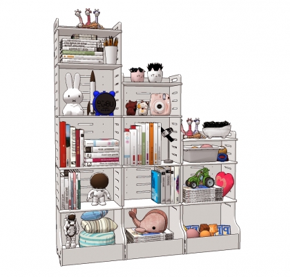 现代儿童房置物架,玩具柜及摆件组合