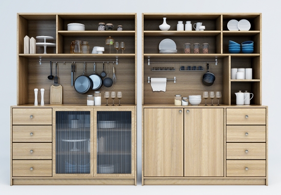 现代厨房柜子、餐具、厨房用具，平底锅，