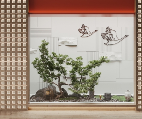 新中式室内景观 植物堆石头su模型 (2)