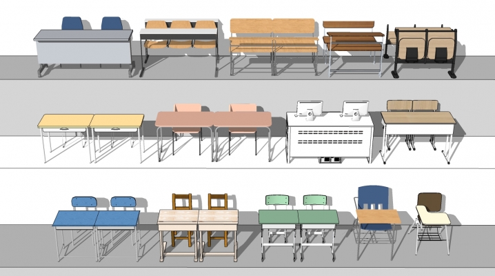 现代书桌椅组合，课桌椅SU模型