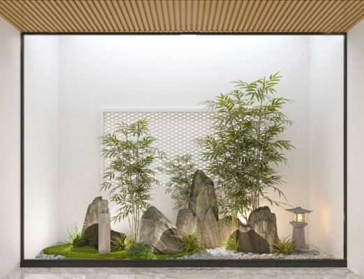 新中式景观小品,绿植竹子石头su模型