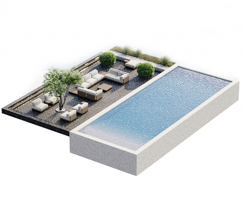 户外景观花园，沙发，游泳池su模型