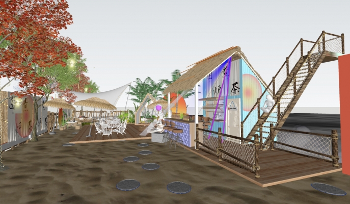 现代户外沙滩露营烧烤店SU模型
