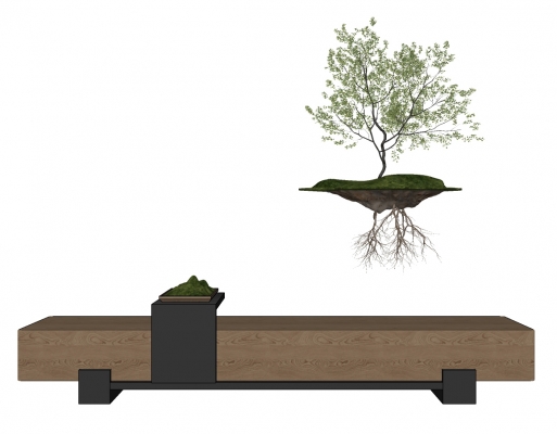 现代悬浮景观植物雕塑，实木长凳SU模型