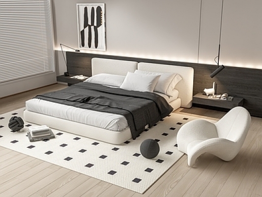 现代双人床，床头柜，休闲椅SU模型