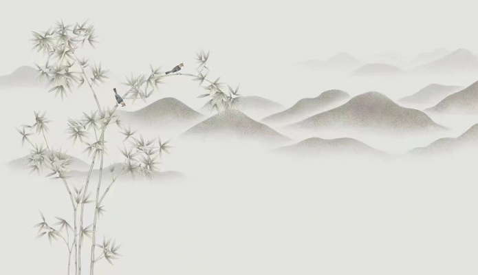 新中式山脉竹子彩绘壁纸工笔画 -(4)