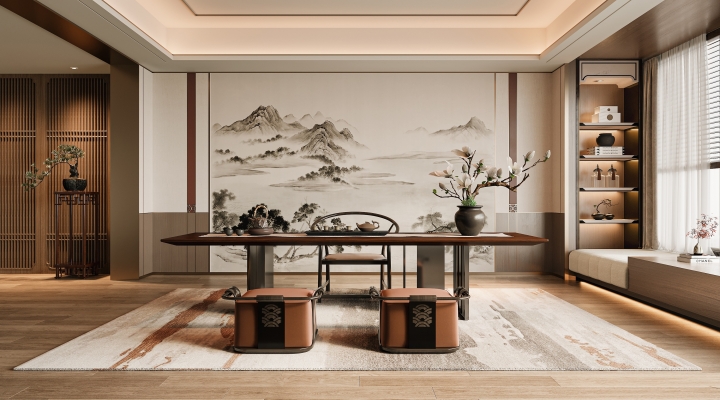 新中式茶室，茶桌椅茶台