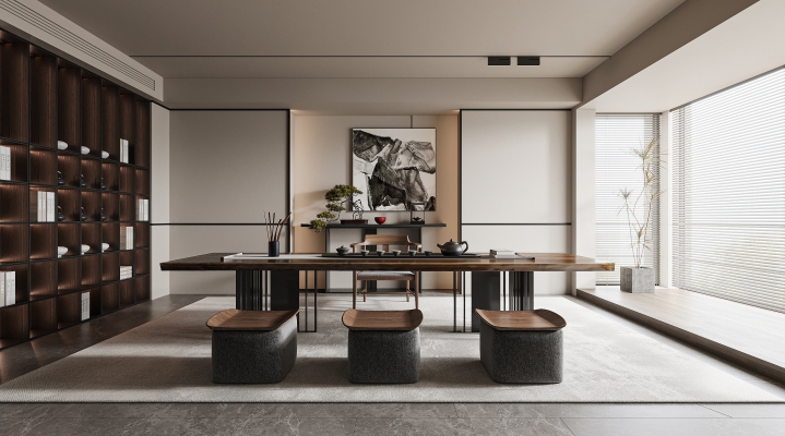 新中式茶室 茶桌椅组合,茶台3d模型下载