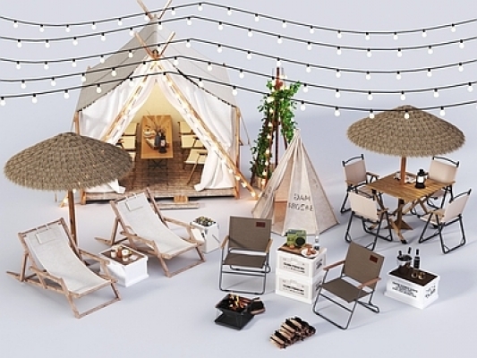 现代户外露营帐篷,露营桌椅组合SU模型