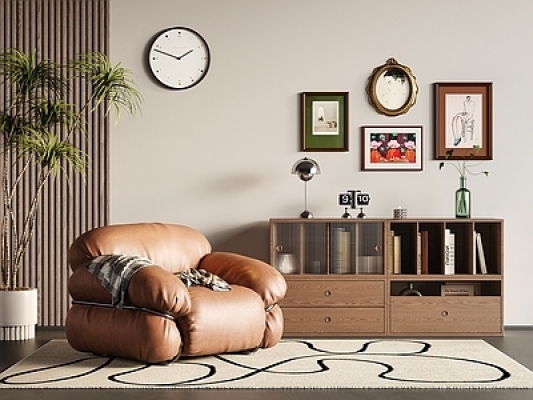 现代中古风单人沙发,装饰柜,装饰画组合SU模型