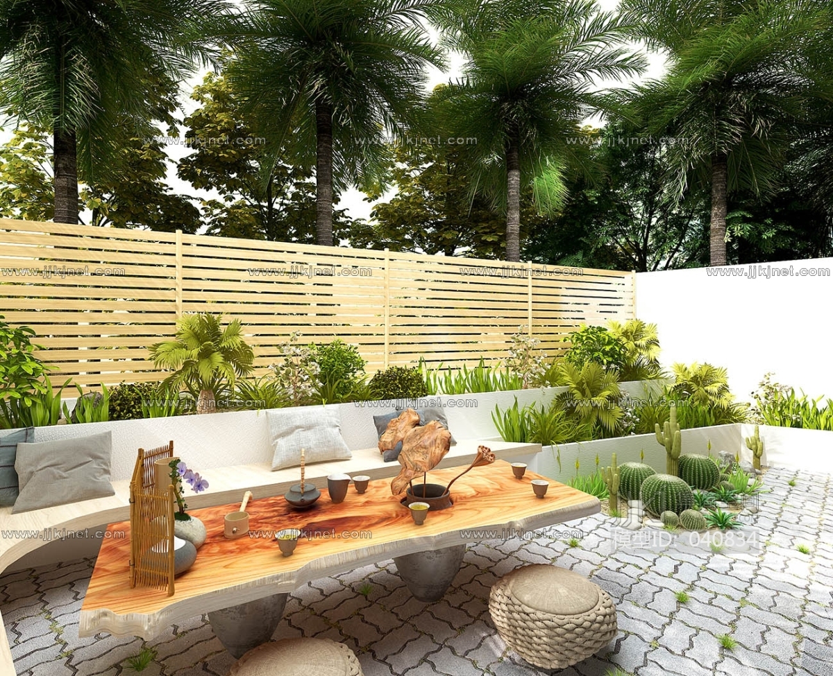 H06-0523户外庭院景观园林植物休息区实木茶桌茶海茶台椅热带植物椰子树