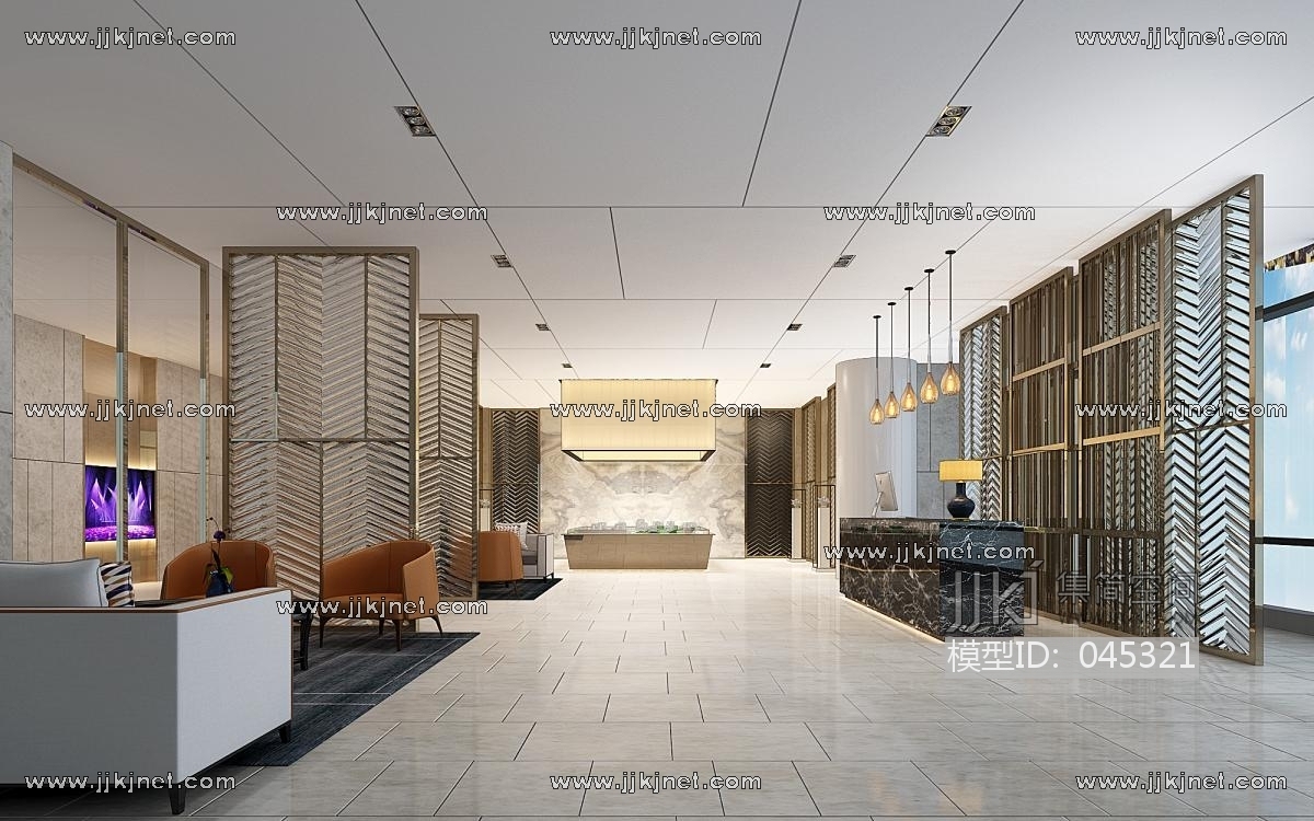 H16-0622现代大堂接待台前台接待花格屏风3d模型下载-【集简空间】「每日更新」